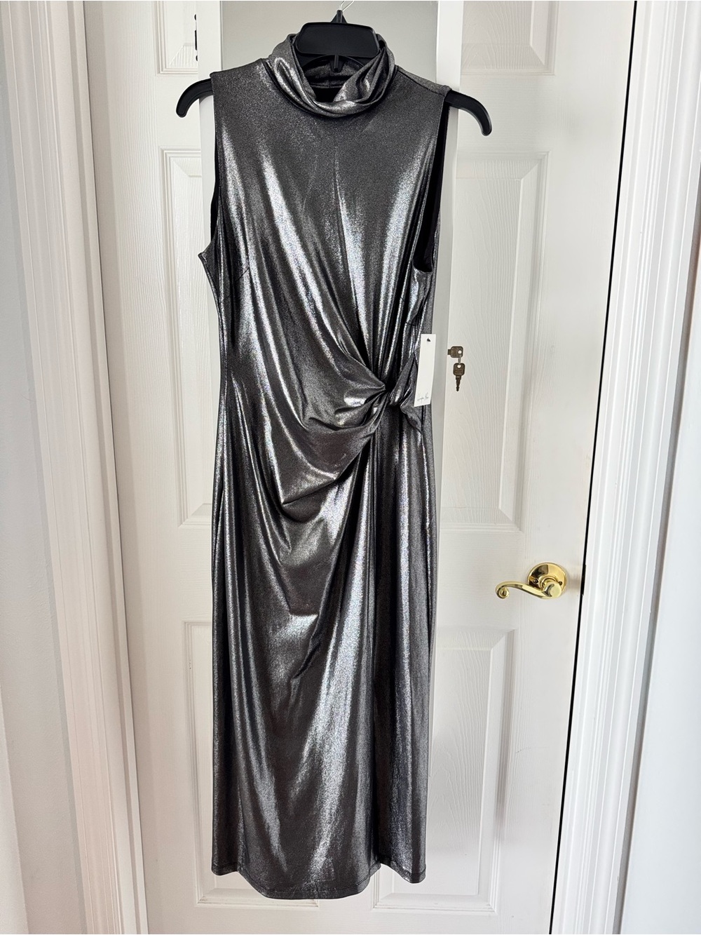 Sleeveless Metallic Maxi Dress with Side Knot in Silver